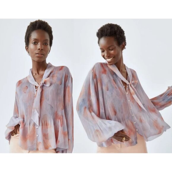 Rare Aritzia Wilfred Barbara Blouse Pleated Chiffon Balloon Sleeve Pussy Bow Top - Picture 1 of 9
